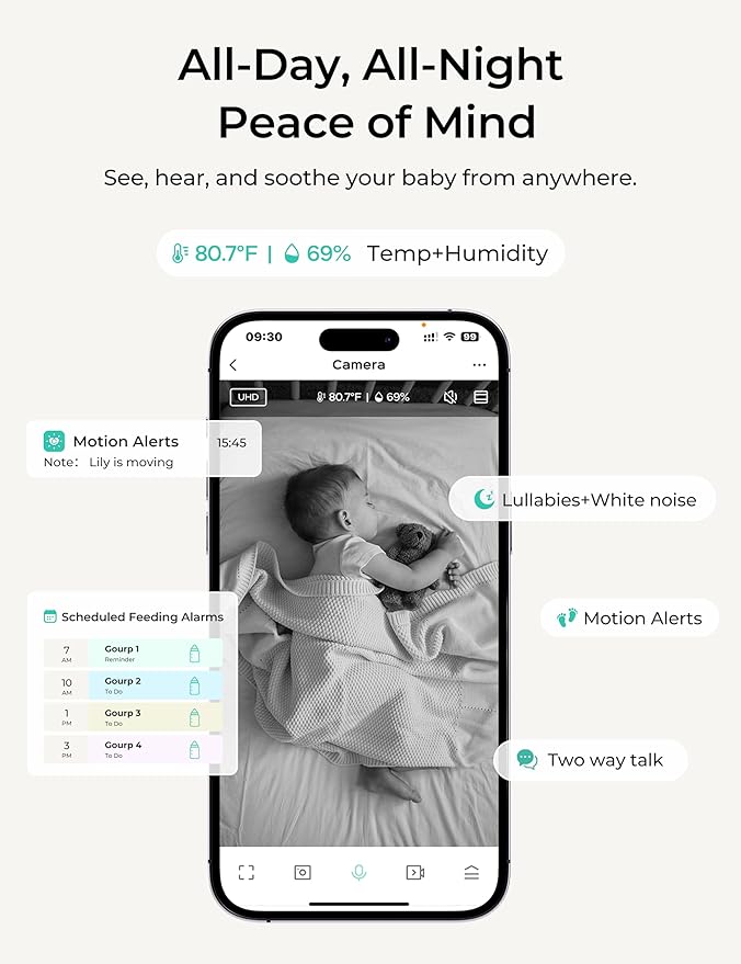 VistaView Lite Smart WiFi Baby Monitor - 4” 720P Split Screen & 1080P Camera App Control, Motion Alerts, HD Night Vision, 3000mAh Battery, 2-Way Talk, Multi-User, Triple Security, 1000ft Range