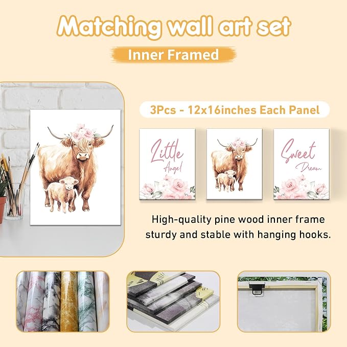 Personalized Baby Crib Bedding Set, 5 Pcs Custom Name Nursery Bedding Set, Pink Highland Cow Baby Bedding Set for Girl, Double Layer Baby Crib Sets, Customized Gifts for Toddlers Kids Infants