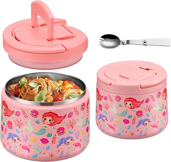 14oz Insulated Vacuum Food Jar with Buckle Lid,Soup Thermo for Hot Food Kids,Wide Mouth Leakproof Stainless Steel Lunch Container with Spoon-Mermaid