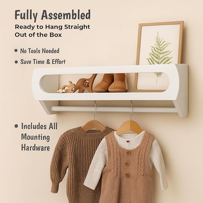 Bamboo Nursery Book Shelves, Fully Assembled For Easy Use - Set of 3 Floating Shelves for Wall Kids, Wall Mounted Book Shelves For Kids Room, Baby Room, Toddler Room, Nursery Decor, 16.5 Inch White