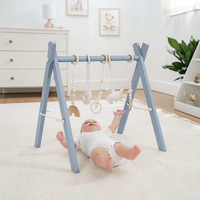 Comfy Cubs Wooden Baby Play Gym - Natural Finish Pinewood Baby Activity Gym with 5 Sensory Hanging Toys - Easy No-Tool Assembly, Safe and Durable for Infant Motor and Visual Development - Pacific Blue