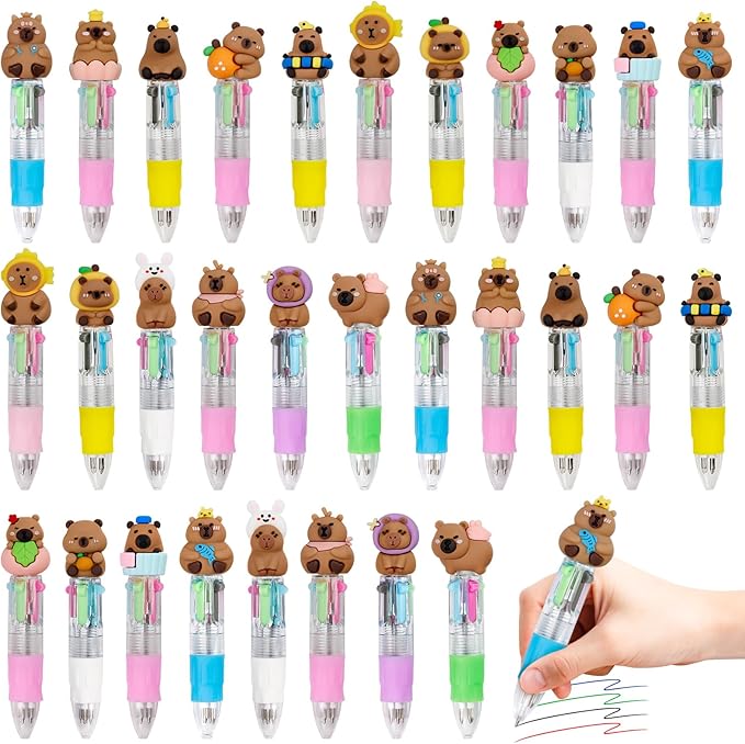 30Pcs Mini Multicolor Pens in One 4-in-1 Cute Pens Bulk for Kids, Ballpoint Pen for Birthdays and Children's Parties, Fun Gifts Assorted Ink Kawaii Pen(Capybara)