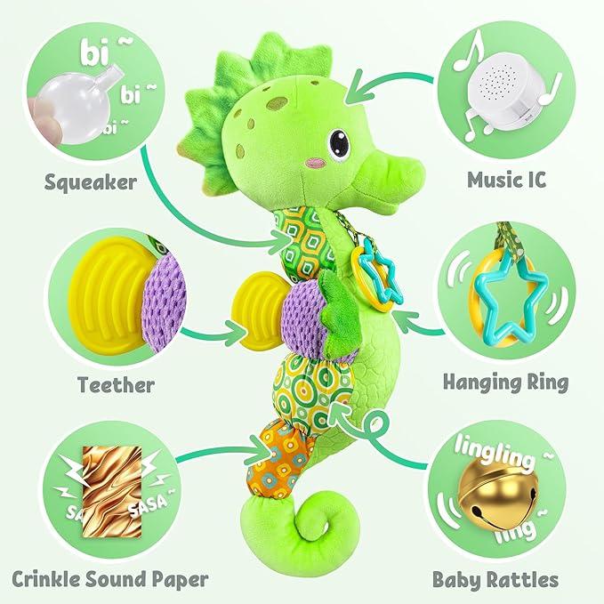 LIGHTDESIRE Baby Toys Musical Seahorse,Infant Stuffed Animal Toys with Crinkle and Rattles,Soft Sensory Toys with Textures for Tummy Time Newborn Boys Girls 0 3 6 12 Months(Green)