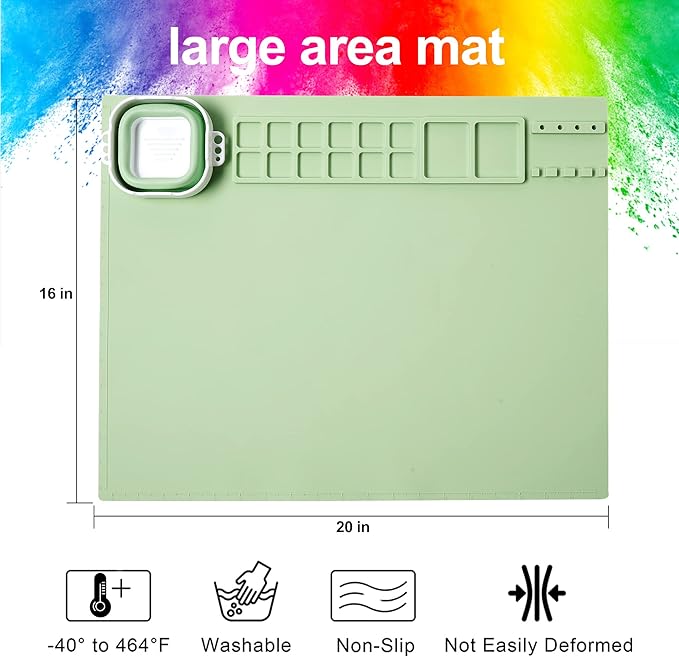 AWOKE Silicone Painting Mat for Table Protection - 20"X16" Washable Art Mat with 1 Water Cup for Kids - Craft Mat has 12 Color Dividers - 2 Paint Palettes (Green), Toddler Activities, Girl Boy Gifts