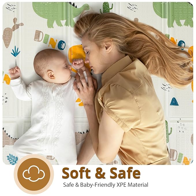 Foldable Baby Play Mat, PIGLOG Waterproof Playmats for Babies and Toddlers Kids, Safe Foam Playmat for Tummy Time, 50x50 Playpen Mat, Reversible Portable Baby Floor Mat for Infant, Toddler, Dinosaur