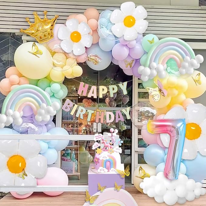 Pastel 7th Birthday Decorations for Girls 219Pcs Daisy Balloon Garland Kit, 18 10 5 Inch Pastel Rainbow Balloons Arch, Number 7 Balloons for 7 Year Old Birthday Party Decorations