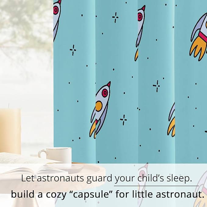 Kids Space Rockets Blackout Curtains - 100% Blackout, Thermal Insulated, Noise Reducing, Perfect for Kids Room and Nursery, 2 Panels (Aqua Mini Rockets, W52×L63)