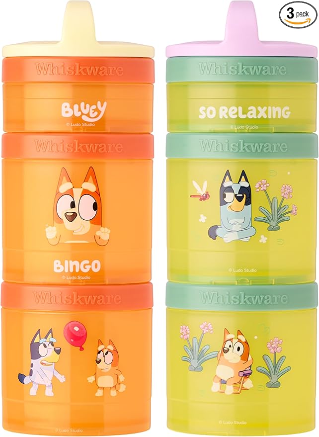 Whiskware Bluey Stackable Snack Containers for Babies, Toddlers, and Kids, Durable Food Storage Containers for Daycare, Car, and Airplane Travel, Formula Friendly, Bluey and Bingo (Pack of 2)