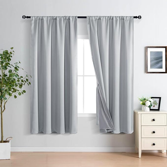 XWZO 100% Blackout Window Curtains - Thermal Insulated & Completely Room Darkening Black Liner Window Panels with Tiebacks for Bedroom/Living Room, Rod Pocket, Light Grey, W52 x L63, Set of 2