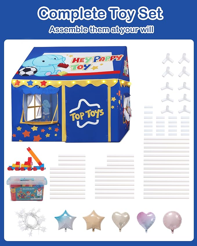 Kids Play Tent, Toddler Tent for Kid Indoor & Outdoor, 48.5"x39.4"x48.5" Playhouse Tents with Complete Toys Set, Kids Tent 3 Window, Lights and 5 Balloons