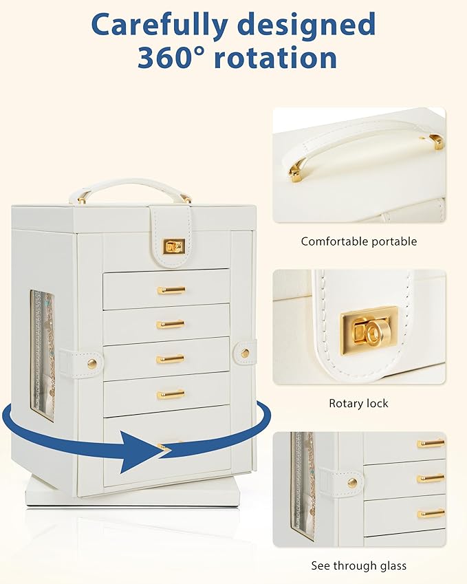 AKOZLIN Jewelry Box 6-Tier Organizer Functional 360° Rotating Jewelry Storage Case for Women Girls Ring Necklace Earring Bracelet Holder with Mirror