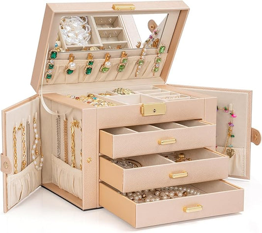 AKOZLIN Large 4-Tier Jewelry Box Leather Jewelry Storage Organizer with 3 Drawers Lockable for Women Girls Ring Necklace Earring Bracelet Watches Holder with Mirror Champagne
