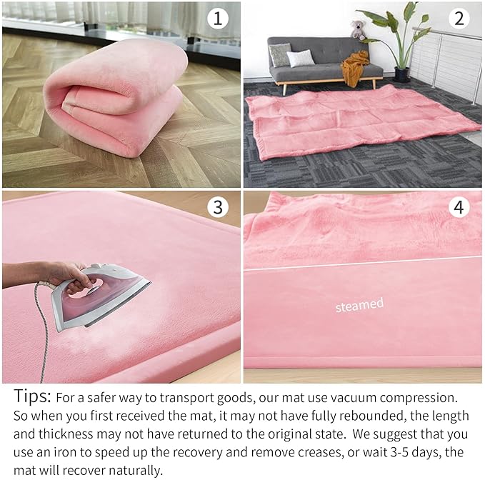 Baby Play Mat for Floor,1.3" Thick Elasti-Foam 50x50 Playpen Mat for Toddlers Infant Kids,Water-Repellent Soft Coral Velvet Tummy Time Mat,Non Slip Crawling Mat,Tatami Mat(Pink)