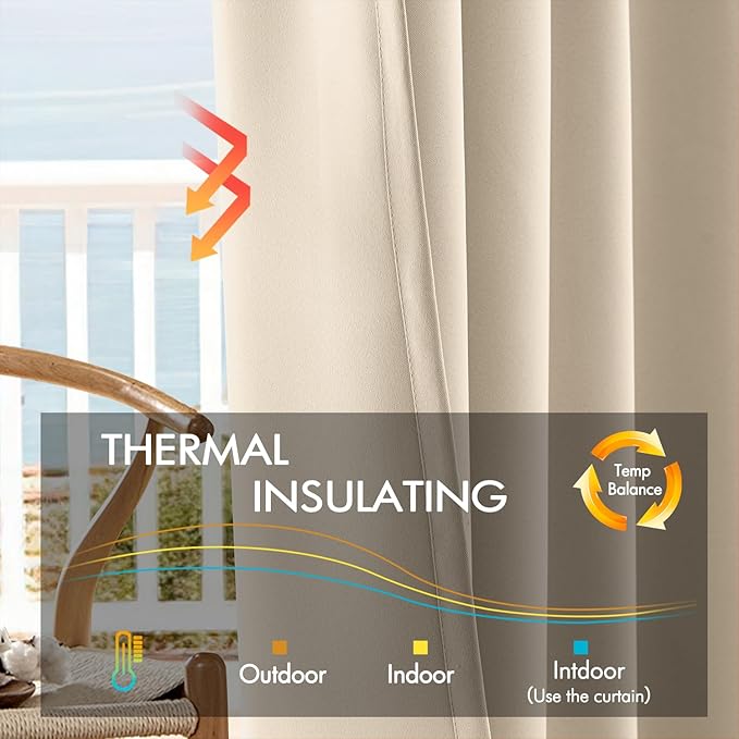 ANRODUO Back Tab Blackout Curtains for Bedroom Living Room, Rod Pocket Pinch Pleated Thermal Insulated Room Darkening Curtains 108 Inches Long 2 Panels, Cream Beige, 52 x 108 Inch