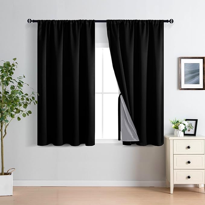 XWZO 100% Blackout Curtains 45 Inches Length with Tiebacks- Rod Pocket Full Shade Window Drapes Thermal Insulated Double Layer with Black Liner for Bedroom/Living Room, Black, W52 x L45, Set of 2