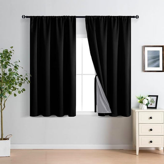 XWZO 100% Blackout Curtains 45 Inches Length with Tiebacks- Rod Pocket Full Shade Window Drapes Thermal Insulated Double Layer with Black Liner for Bedroom/Living Room, Black, W52 x L45, Set of 2