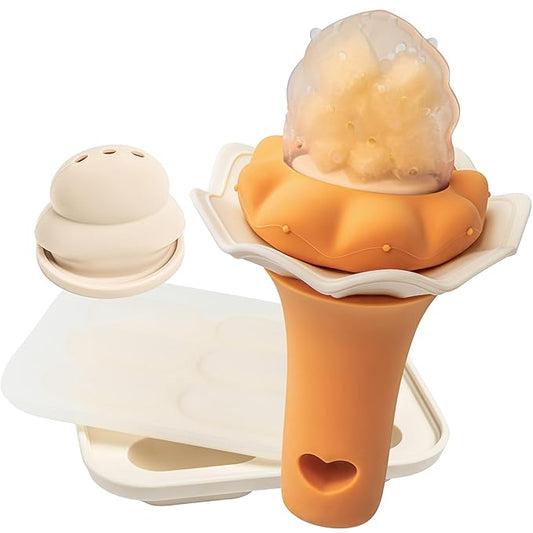 Moonkie Baby Fruit Feeder with Freezer Tray, BPA Free Silicone Food Feeder for Infant Self Feeding, Breastmilk Popsicle Molds, Mesh Feeder with Two Pouches, Baby Shower Gifts 4 Months+, 1 Pack