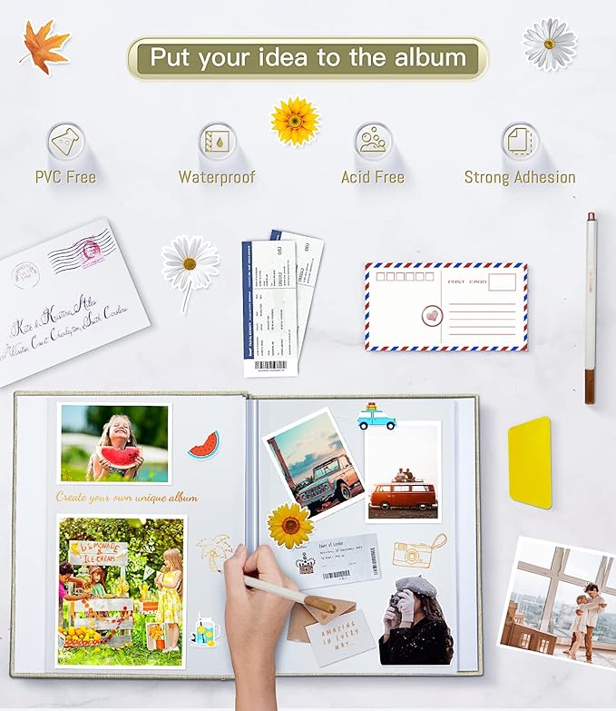 Popotop Photo Album Self Adhesive with Picture Display Window,60 Pages DIY Scrapbooking Supplies Kit for 4x6 10x12 Picture,Linen Cover Memory Book for Baby Wedding, with Scraper and Metallic Pen