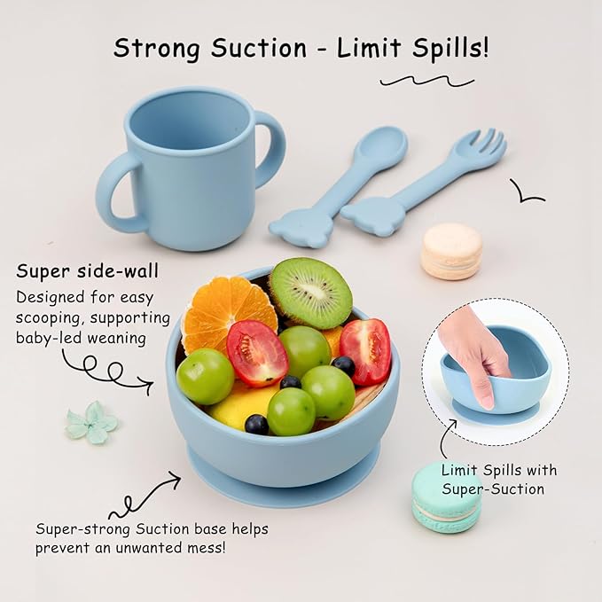 Baby Silicone Feeding Set, 13PCS Baby Self Feeding Set, Toddler Led Weaning Utensils Sets with Suction Bowl and Plate, 3 Set of Baby Spoons and Forks, Adjustable Bid, Sippy Cup with Straw and 2 Lids