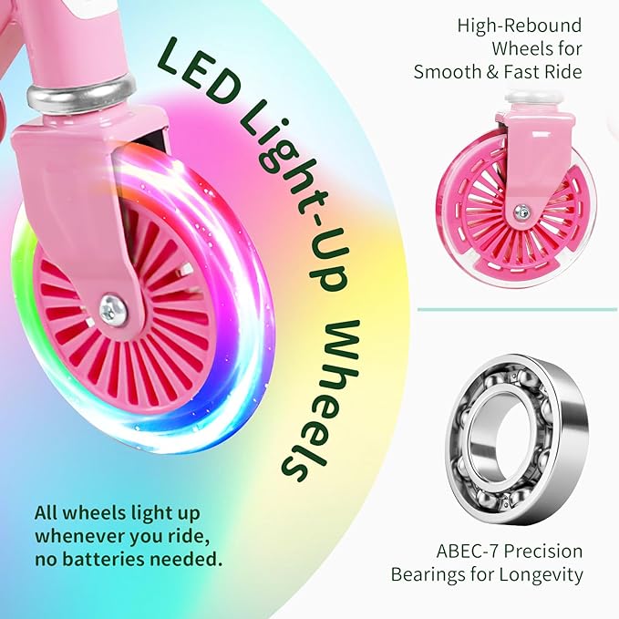 BELEEV V2 Scooters for Kids with Light-Up Wheels & Stem & Deck, 2 Wheel Folding Scooter for Girls Boys, 3 Adjustable Height, Non-Slip Pattern Deck, Lightweight Kick Scooter for Children Ages 3-12