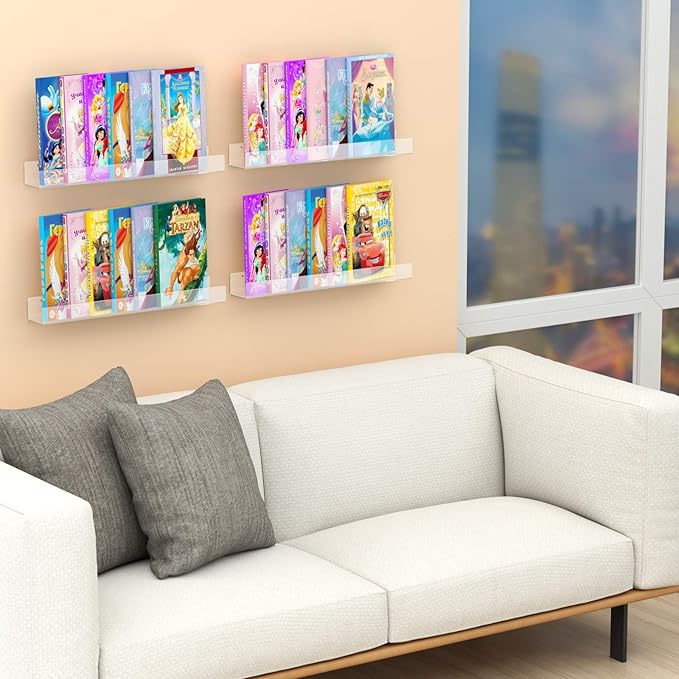 NIUBEE 24" Premium Acrylic Floating Nursery Kids Bookshelf Wall Ledge Shelf, Clear Invisible Spice Rack Bathroom Storage Shelves Display Organizer, 50% Thicker with Screwdriver, Set of 4