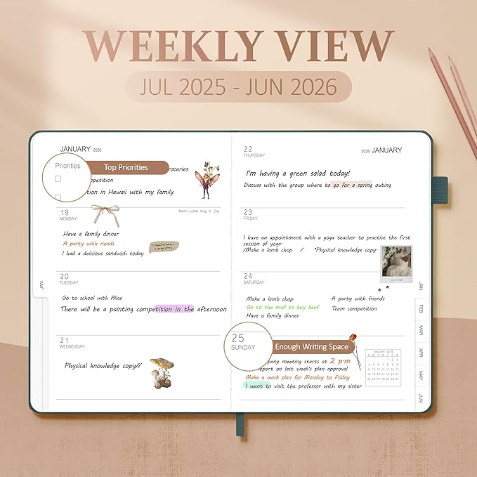 Planner 2025-2026, Academic Linen 2025-2026 Monthly Planner July 2025 to June 2026, Weekly & Daily Organizer with Tabs, Note Pages, Hardcover 5.65" x 8.15"- Ideal for School, Work & Productivity-Green