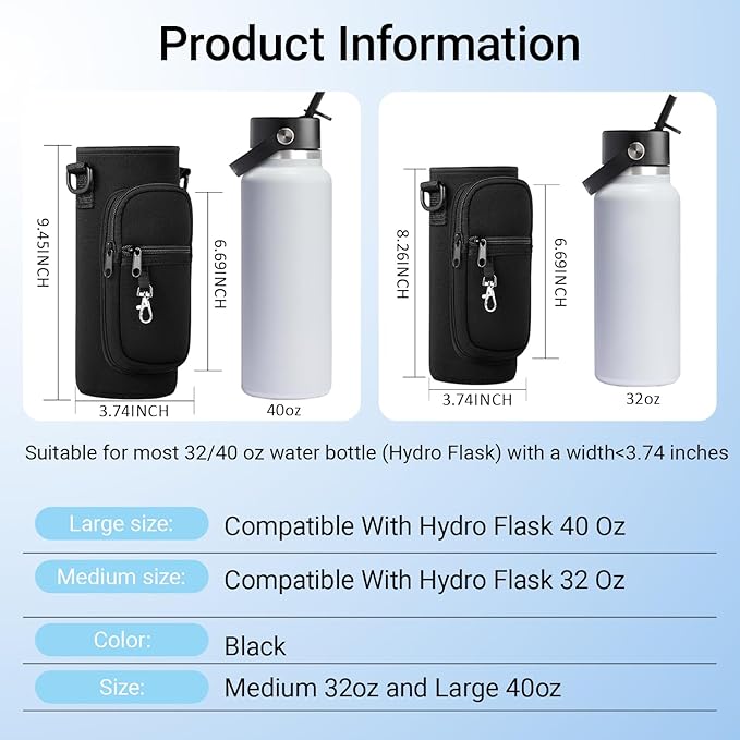 Water Bottle Holder with Strap for Hydroflask 32oz 40oz, Carrier Sling Bag with Phone Pocket Sleeve for Men Women Hiking Camping Travelling（black24/32oz）