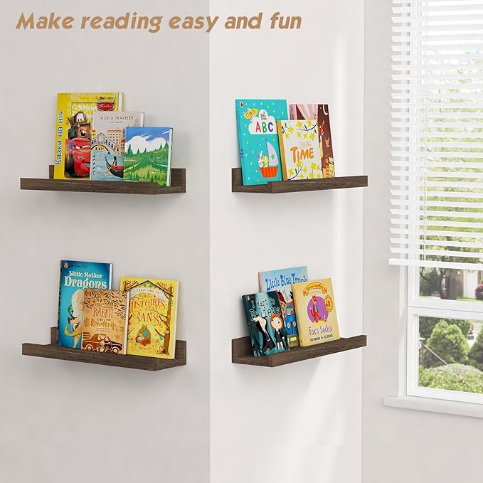 Forbena Dark Wood Nursery Floating Shelves for Wall Set of 4, Short Wall Bookshelf for Kids Bedroom, Wooden Hanging Book Shelves with Rail for Nursery Books, Baby Room Bathroom Storage (Dark Brown)