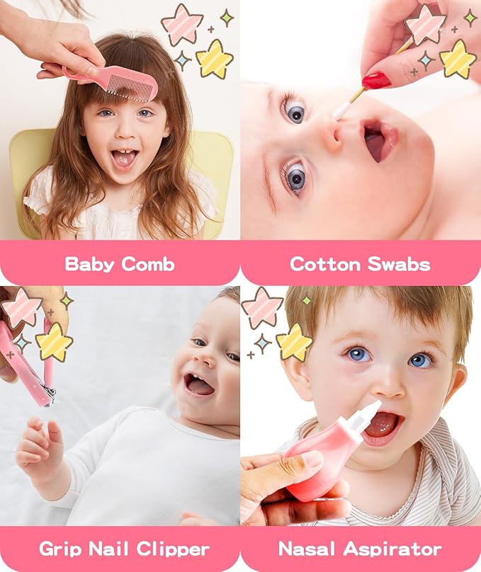 Baby Grooming and Healthcare Kit, Portable Baby Safety Care Set with Hair Brush Comb Nail Clipper Nasal Aspirator for Nursery Newborn Infant Girl Boy (25 in 1 Pink)