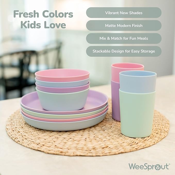 WeeSprout Bamboo Kids Bowls with Lids, Set of Four 10 oz Kid-Sized Dinnerware, Cereal, Leftovers & Snack Bowl, Dishwasher Safe (Pink, Green, Gray, & Beige)