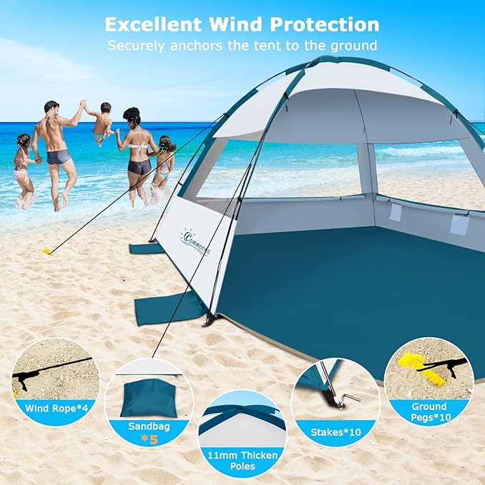 COMMOUDS Beach Tent Sun Shade for 3/4-5/6-7/8-10 Person, UPF 50+ Beach Sun Shelter Canopy Tent, Lightweight, Easy Set Up and Carry