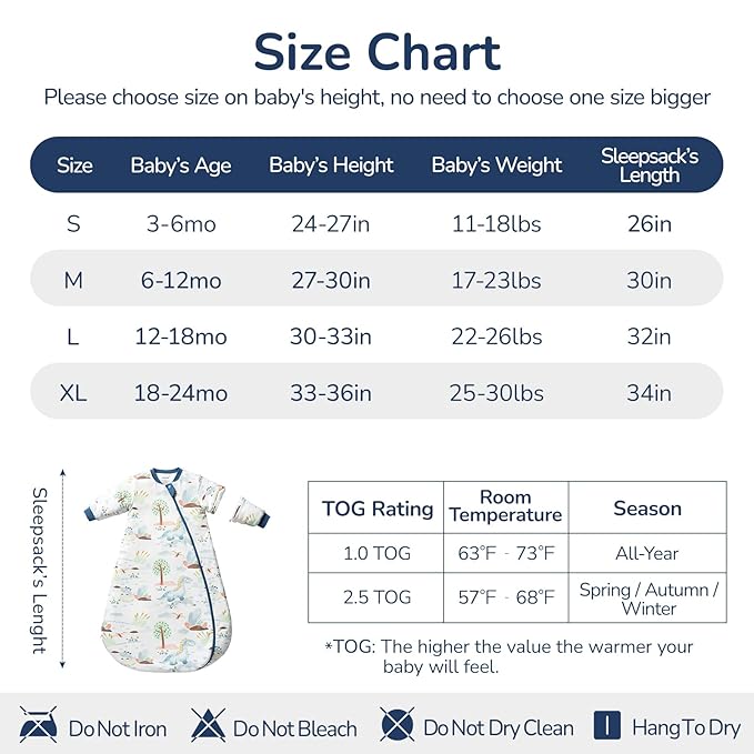Baby Sleep Sack 12-18 Months, Cotton Detachable Long Sleeve Sleep Sack, 1.0 Tog Toddler Sleeping Sack with Temperature Strips, 2-Way Zipper Wearable Blankets for Newborns, Dinosaur
