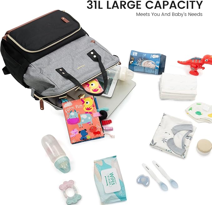 LOVEVOOK Diaper Bag Backpack, Baby Bag with Changing Station, Large Diaper Backpack for Moms Dads, Waterproof Leather Accents Baby Boy and Girl Bag for Travel Baby Essentials