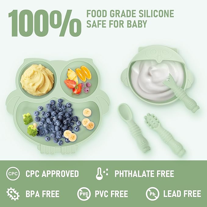 Baby Weaning Set, Silicone Feeding Set(10 Pcs), Toddler Set with Adjustable Bib, Suction Bowl, Plate, Fork, Spoon, Water & Snack Cup Kit, Led Kit for Babies, and Kids Green GJTZ-04