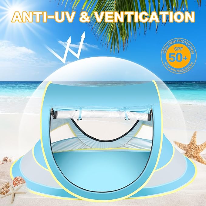 Baby Beach Tent with Baby Hat, Pop Up Toddler Travel Bed with Sun Hat for Boys or Girls, Sun Shade for Toddler Camping, Infant Portable Sun Shade, Summer Beach Baby