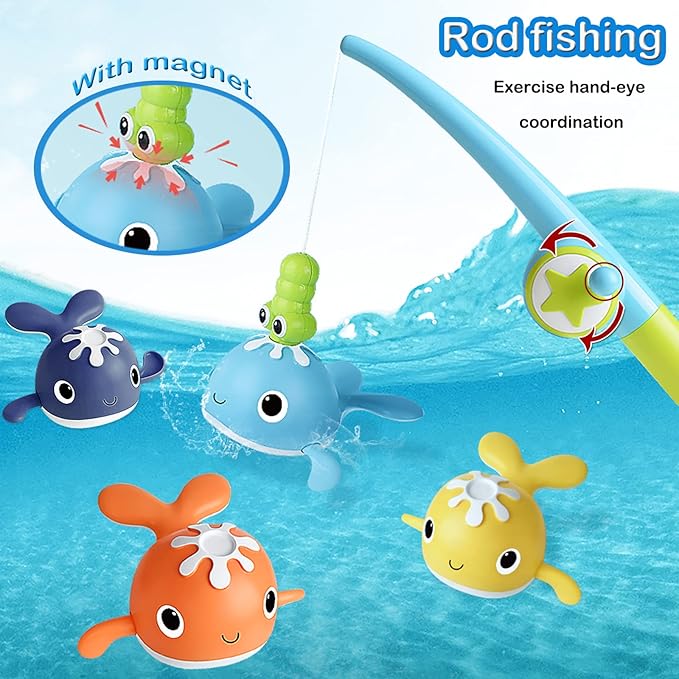 Magnet Fishing Game Bath Baby Toy for 1-3 4-8 Year Old Toddler Boys Girls,Gifts for Kid,Baby Bathtub Water Shower Pool Toys 18 Months+,4 Swimming Wind-up Whale&1 Fishing Pole&1 Net