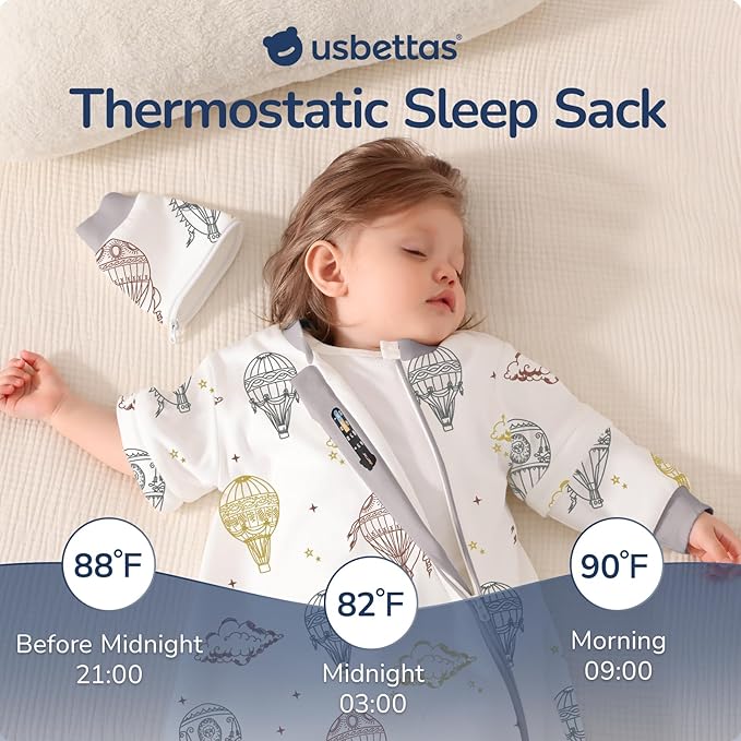 Baby Sleep Sack 6-12 Months, Cotton Detachable Long Sleeve Sleep Sack, 1.0 Tog Toddler Sleeping Sack with Temperature Strips, 2-Way Zipper Wearable Blankets for Newborns, Hot Air Balloon