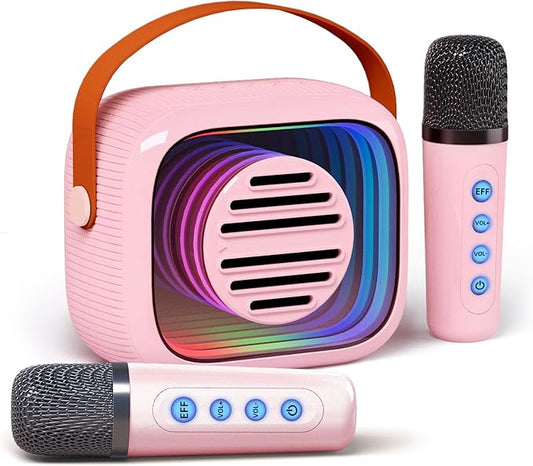 YF93 Mini Karaoke Machine for Kids with Bluetooth Speaker, 7 Voice-Changing Modes, Dual Microphones, Colorful LED Lights, TF Card Support, Portable Singing Gift for Children and Parties(Pink)