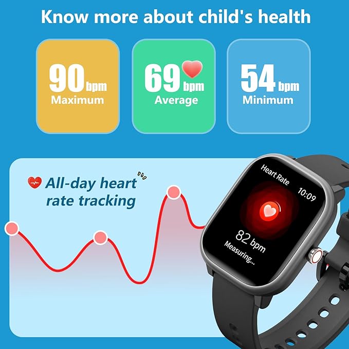 Kids Wach for Girls Boys 6-15 Year Old - Smart Watch for Kids 1.8" Fitness Tracker,No Phone Needed,Pedometer Sleep Monitor Heart Rate Waterproof,Puzzle Game for Girls Boys Teens Birthday Gift (Black)