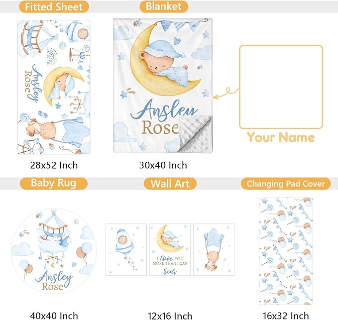 Personalized Baby Crib Bedding Set, 5 Pcs Custom Name Baby Crib Set with Double Layer Blanket, Soft Blue Moon Bear Nursery Bedding Set for Girls Boys, Customized Gifts for Toddlers Infants