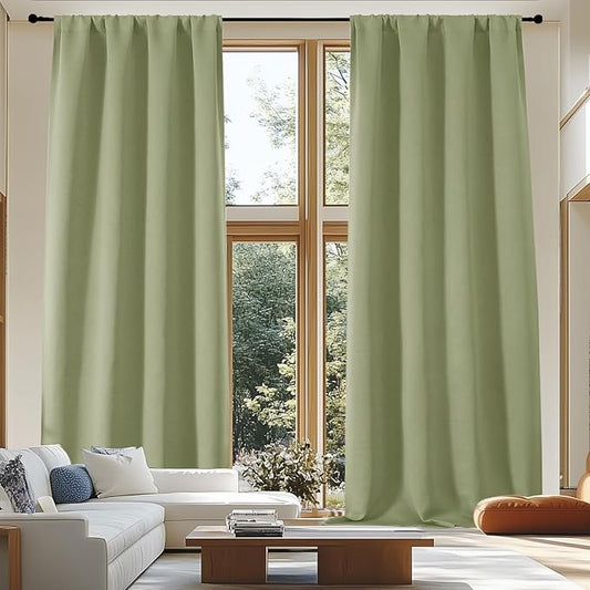 Simplebrand Ava Sage Green Extra Long 10ft Room Daekening Curtains for Patio 120 Inches Long 2 Panels Set, Solid Thermal Insulated Energy Saving Rod Pocket Window Treatment Drapes, 50 Wx120 L