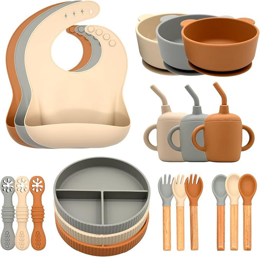 Silicone Baby Feeding Set 21 Pcs, Baby Led Weaning Supplies, Baby Feeding Supplies Set BPA Free, Essentials for Newborn Gift Walnut Color, Beige, Smoky Gray