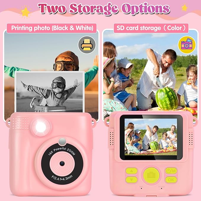 Instant Print Camera for Kids - 2.4 Inch Kids Camera Instant Print with Paper & 32G Card- Digital Children Toys as Christams Birthday Gifts for Girls Boys Age 3-12 - Pink