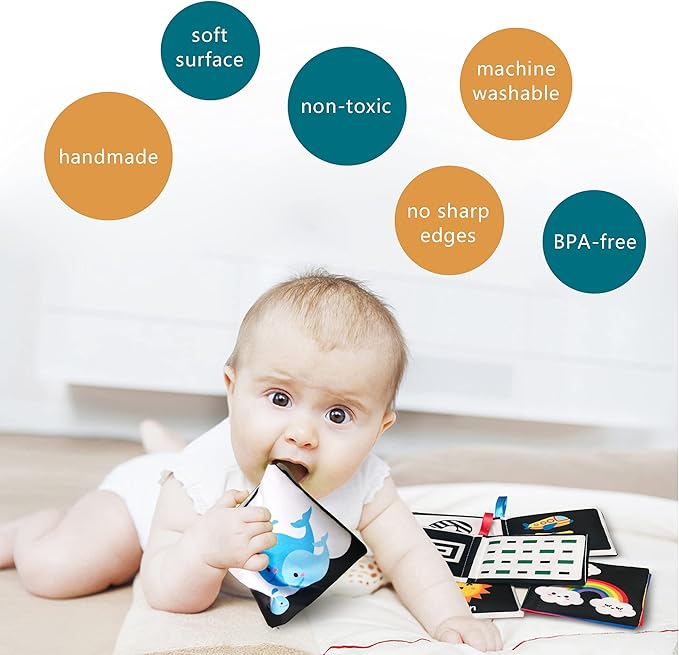 Soft Cloth Baby Book Toy 0-6 Months, Black White Baby Learning Book(Pack of 4),Touch and Feel Crinkle Book Infants 6-18 Months,Early Educational Toy 0-3 Months, Gift for Babies Infants