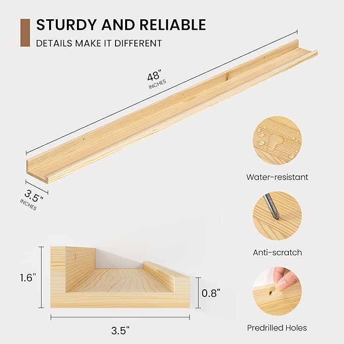 Picture Ledge Shelf, Solid Pine Wood Floating Shelves Set of 2, 48 Inches Nursery Book Shelves for Toys Storage, Kids Bookshelf Wall Mounted for Living Room Decor Photo Frames, Unfinished Natural