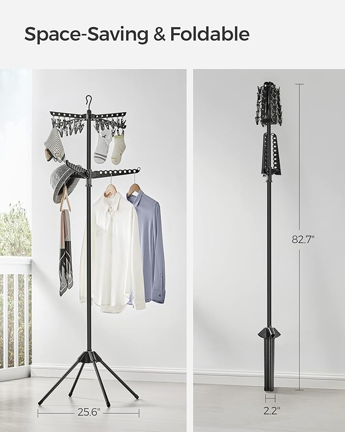 SONGMICS 2-Tier Clothes Drying Rack, 72-Inch Folding Laundry Drying Rack with 3 Rotatable Arms for Hangers, 24 Clips, Stainless Steel, for 27 Pieces of Clothes, Black ULLR512B01