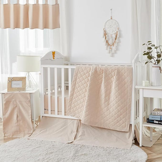 Brandream Baby Crib Bedding Sets for Girls Boys Gender Neutral Boho Bohemian Farmhouse Chic Classic Quilted Plaid 6-Piece Nursery Bedding Set - 100% Washed Cotton Beige