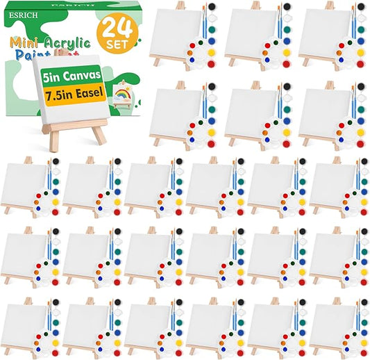 ESRICH 24 Set Mini Acrylic Paint Kit,5in Mini Stretched Canvas with 7.5in Easel,Acrylic Paint Strips,Paint Palettes,Painting Brushes, Small Canvas and Easel Set for Kids Artists Beginner,Gift