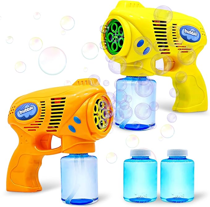 JOYIN 2 Bubble Guns with 2 Refill Solution (10 oz Total), Bubbles Maker, Blower for Kids, Toddlers, Outdoors Activity, Birthday Gift, Easter Basket Stuffers (Yellow+Orange)