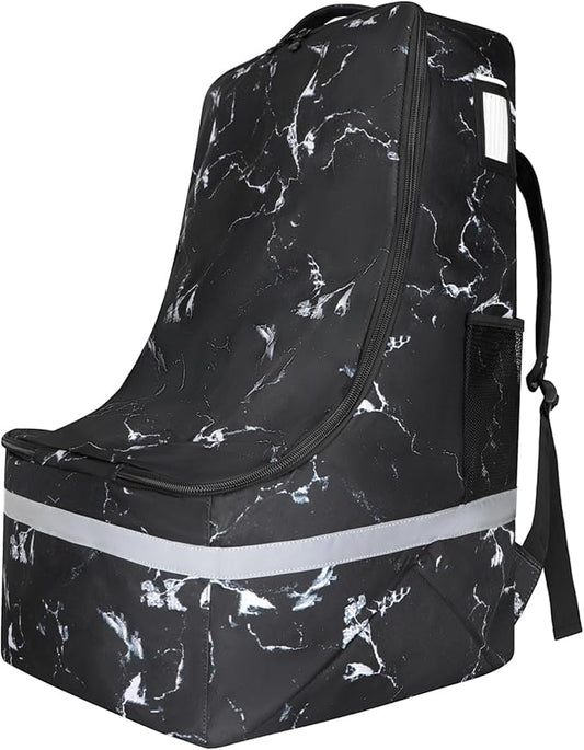 Car Seat Travel Bag for Airplane,Infant Seat Travel Bag with Shoulder Strap,Padded Car Seats Backpack with Reflective Stripes,Large Carseat Carrier Bag Travel Car Seat Cover, Black marble